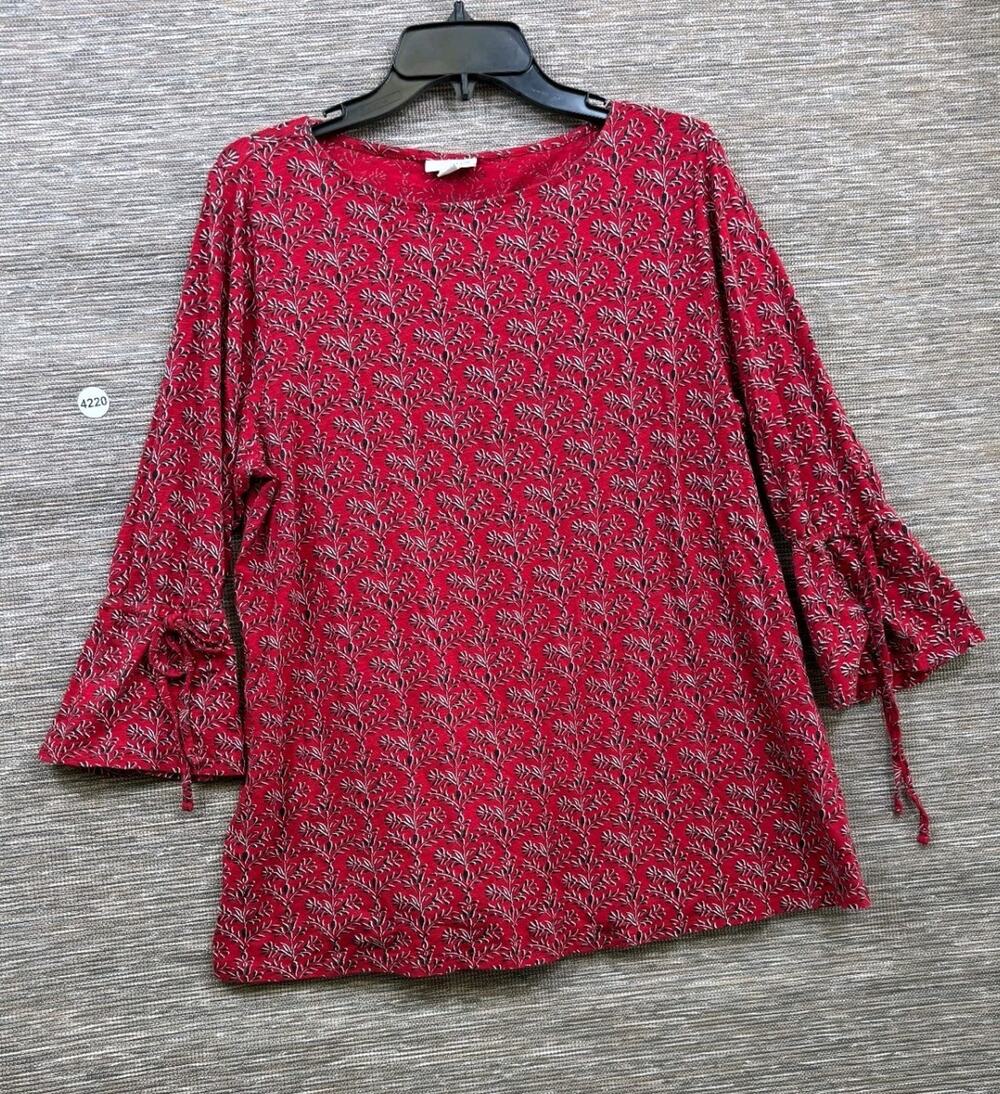 J. Jill Top Red Bouquet Floral Print Bell Tie Sleeve Size Large Lightweight